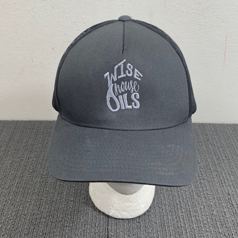 Wise House Oils Trucker Hat Mens Adjustable Gray Black Mesh Back Snapback